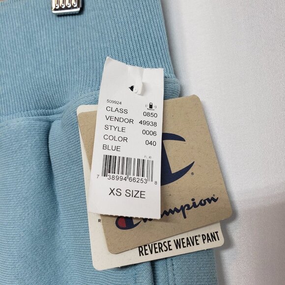 CHAMPION Nwt Reverse Weave Sweatpants XS Light Blue Logo Spellout Tape on Side - Picture 6 of 8